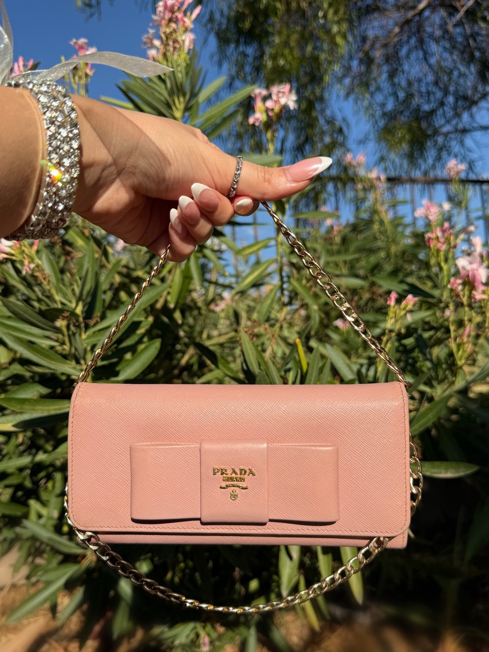 Authentic PRADA Saffiano Fiocco Bow Continental Wallet on Chain